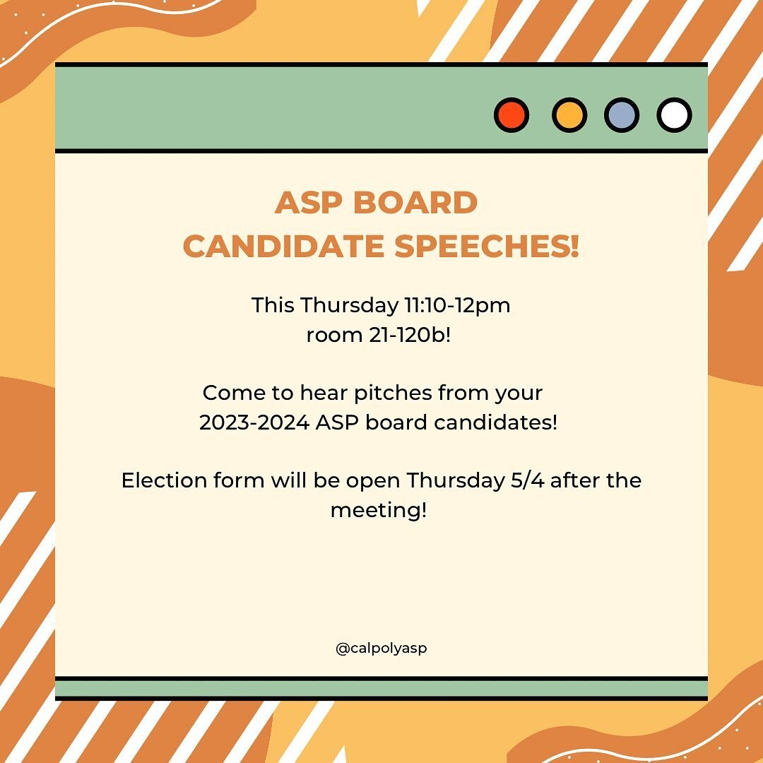 Hello all! We invite you to come hear speeches from your 2023-2024 ASP board candidates this Thursday 5/4 from 11:10-12pm in room 21-120b! The election form will open on Thursday 5/4 and remain open for 24 hours, so make sure to get your vote in! We 