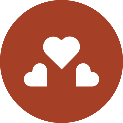 Icon with three white hearts on a brown circular background.