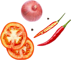 Sliced tomato, red onion, chili peppers on a white background.