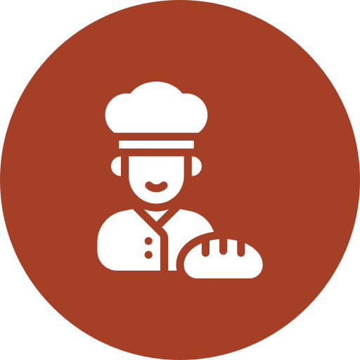 Icon of a chef wearing a hat, smiling, with a loaf of bread in front.