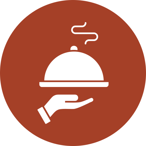Graphic of a hand holding a covered serving dish with steam rising.