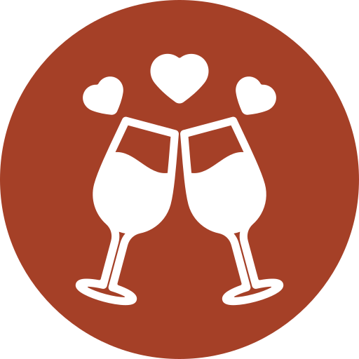 Two champagne glasses clinking with three hearts above them on a brown circular background.