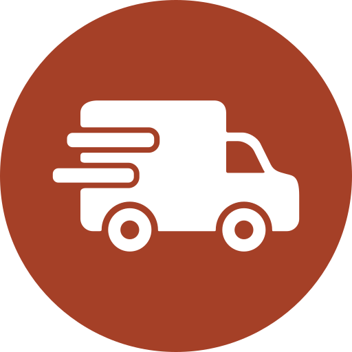 Icon of a delivery van with motion lines inside a brown circle.