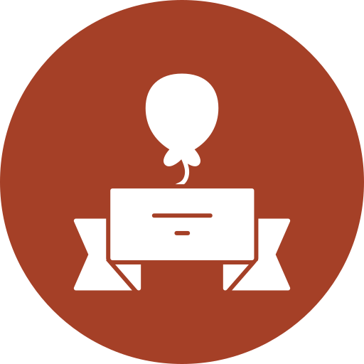 Icon of a birthday cake with a balloon on top, inside a brown circular background.