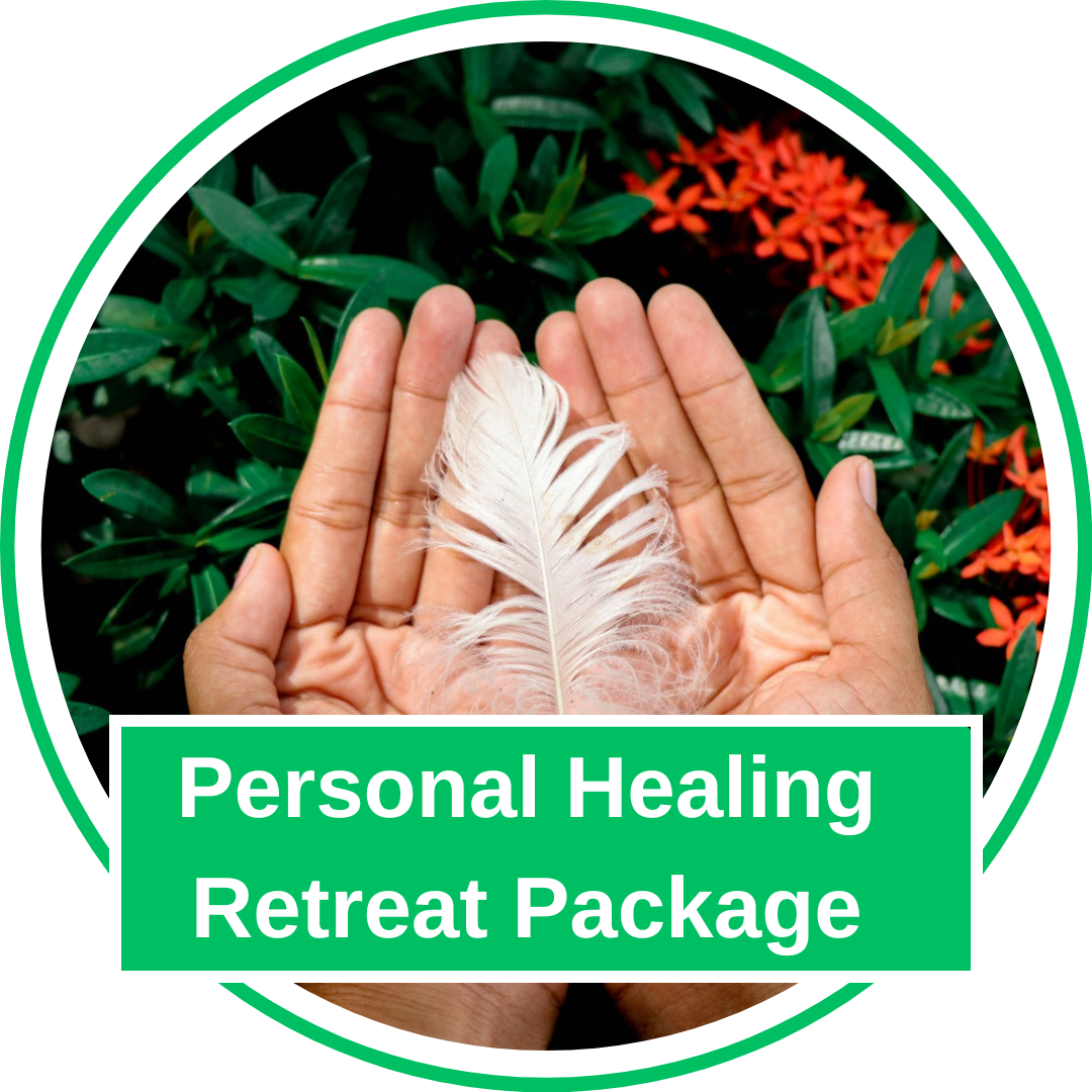 Hands holding a white feather over green plants with red flowers in the background, with text overlay reading 'Personal Healing Retreat Package.'
