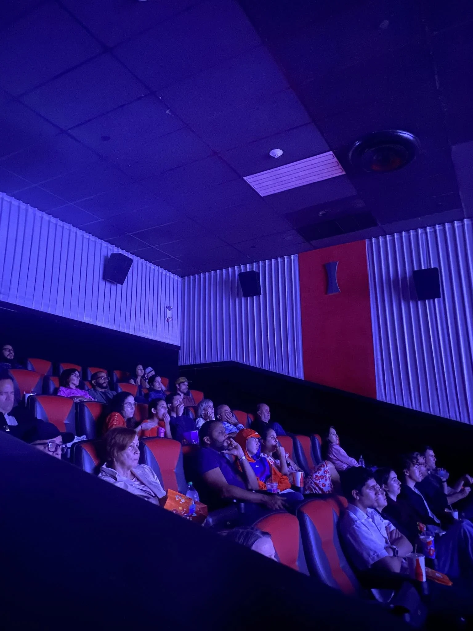 Personas sentadas en sillones rojos en una sala de cine o teatro, observando una presentación o película, con paredes de metal corrugado y ambiente oscuro iluminado con luces azules.