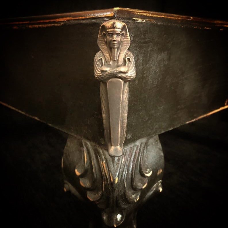Ornamental corners from The Hands of the Necromancer, 3D printed master, then cold cast bronze.  #spookyegypt #egyptian #egyptianmuseum #propdesign #curseoftutankhamun #egypt #legendsofegypt #magic #bizarremagic #bizarremagick