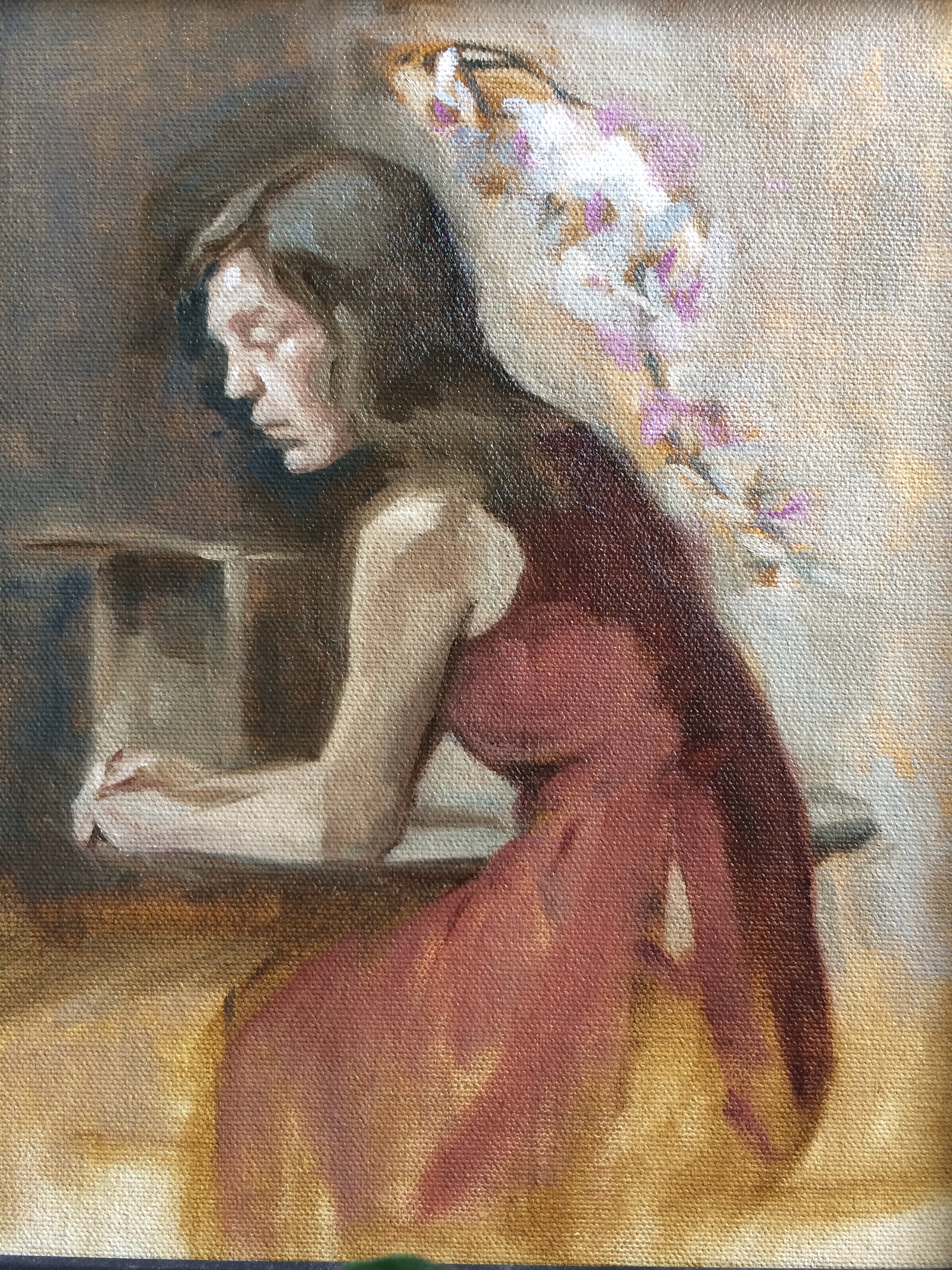 Two-day pose YAY!!! I tried to paint in the figure and suggest the background, her sitting at a table with orchids in a box. I spent most of the time working on the likeness of this model which I did not get but, I do think her arm looks less like a turkey leg than it did yesterday;) It's all about the small accomplishments.