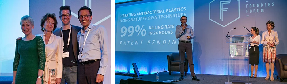 Tech All Stars winners with European Comm. V.P. Neelie Kroes Parx Plastics CEO Michael van der Jagt presenting during Founders Forum © Christan Ihrybauer