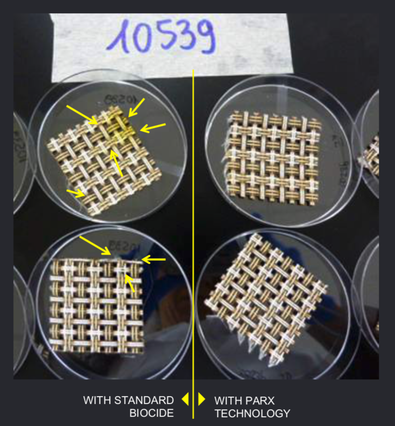 ISO 846 test results comparing the previously used biocide with the biocompatible technology of Parx