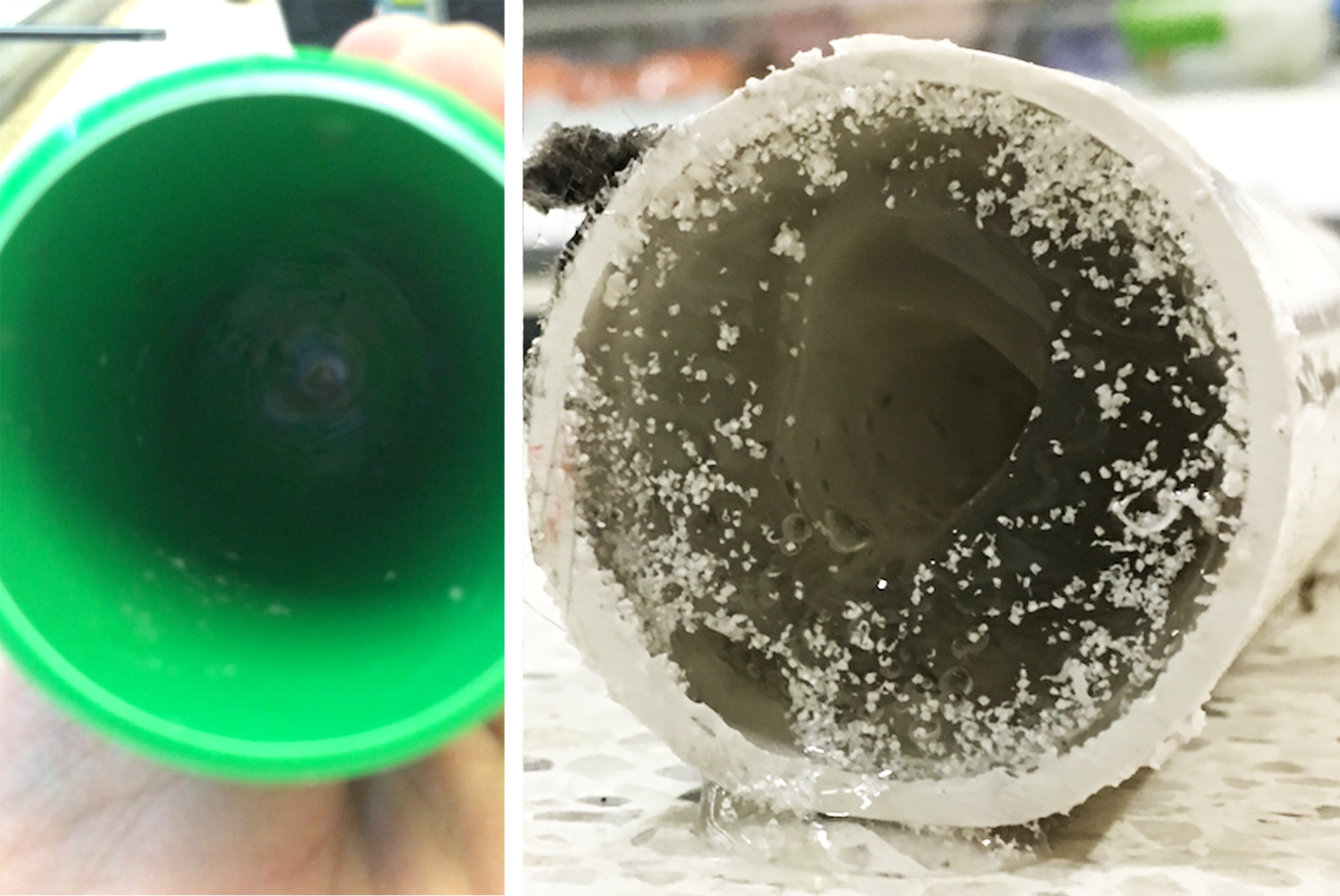 LEFT: a pipe with Parx technologies after 12 months in a refrigerator drain system. RIGHT: a standard pipe after 6 months in the same system.