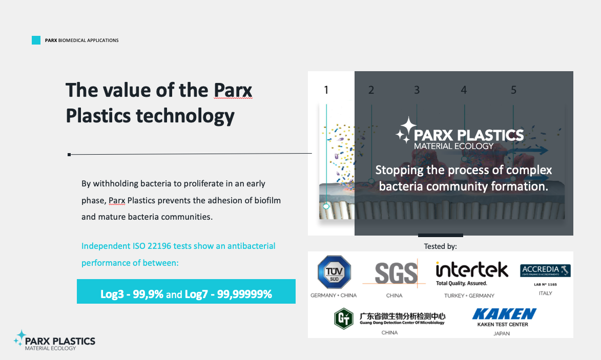 The Parx Plastics technology (patented or patent pending in +40 countries) prevent biofilm and bacteria adhesion creating a surface with an highly effective and broad spectrum antimicrobial performance of 99,9% to 99,99999%.