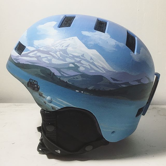 A custom snowboard helmet with &quot;Mt. Baker, featuring a Jeep and and a surfer, but small&quot;. One of the many special requests we've been working on this month.