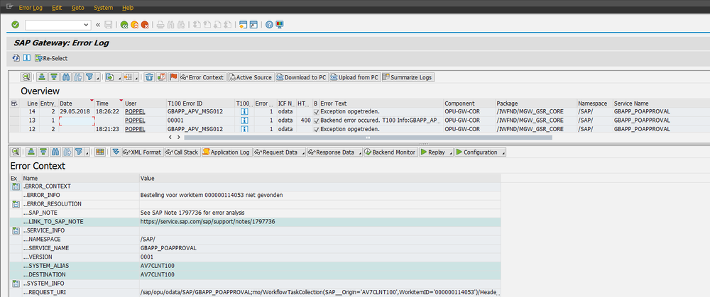 Figure 6: Error log SAP NetWeaver Gateway