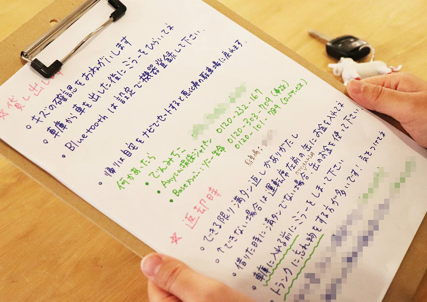 ドライバーさん宛にシェアの流れを書いた手書きの説明書はでんさんの人柄がにじむ。常にクルマに置いているそう