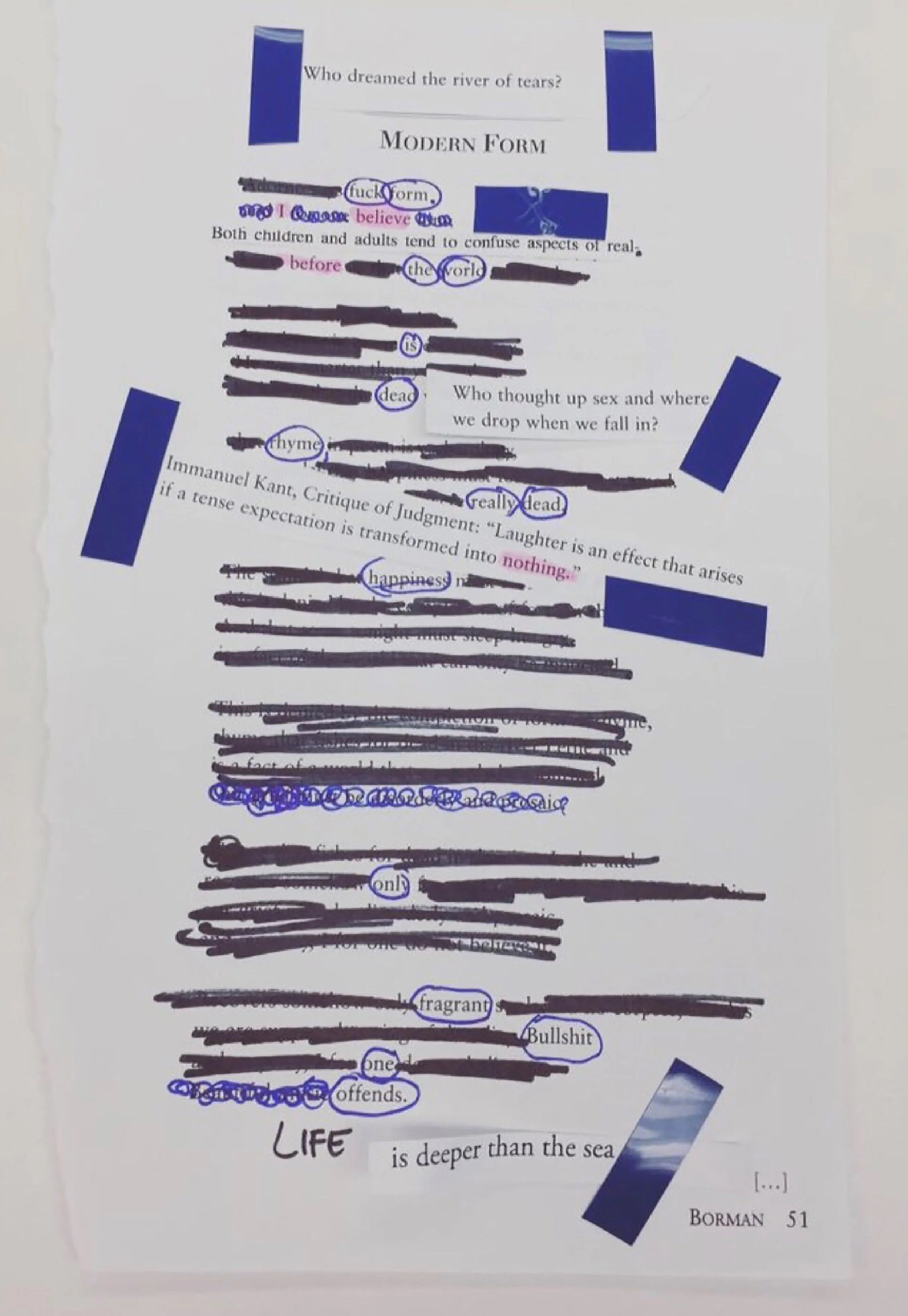 “This is My Title” by Abbey P (Erasure of Borman’s “Modern Form” with collaged quotations & mixed media)