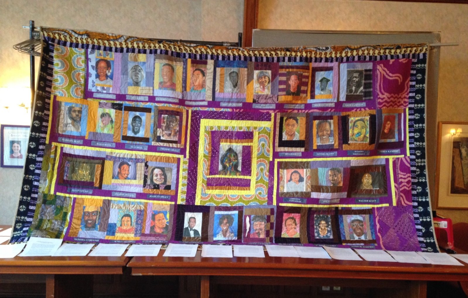  We presented 33 portraits and a quilt with prints of the portraits sewn into it. Students members of the Divine Gospel Choir sang slave spirituals, members of the Pan African Dance group performed Funeral dances and members of the Black Student Unio