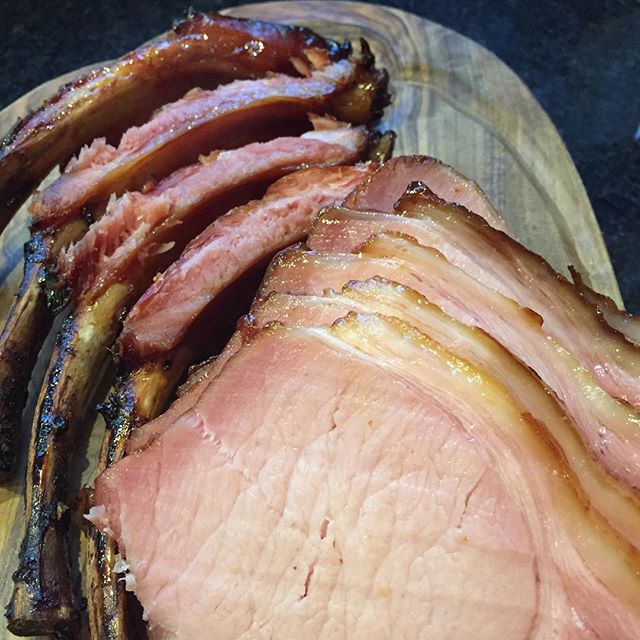 Rack of #sugarpitbacon sliced, with sweet-suckin' bones. Utterly delicious!