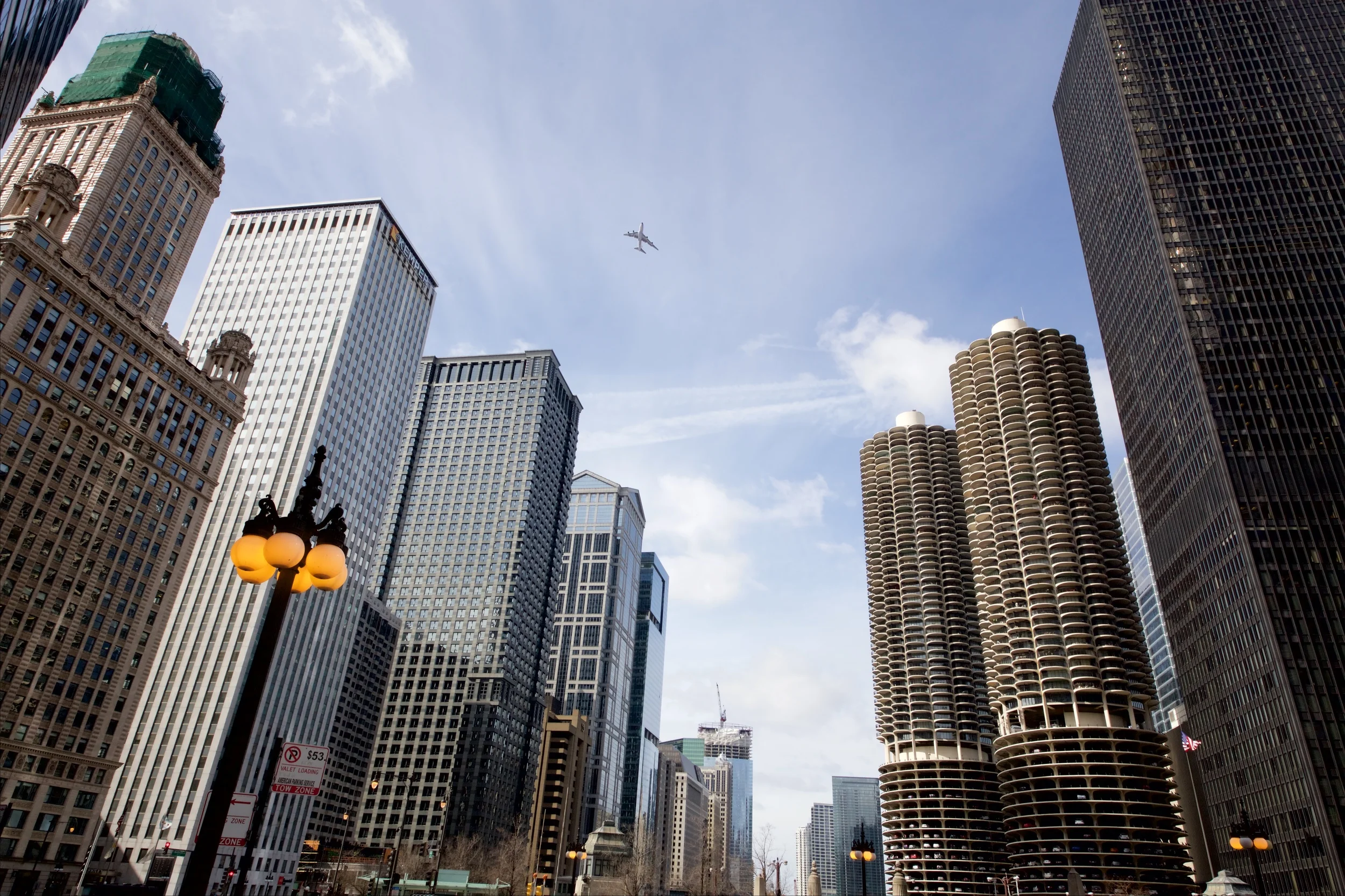 Airplane Flying Over Wacker Drive