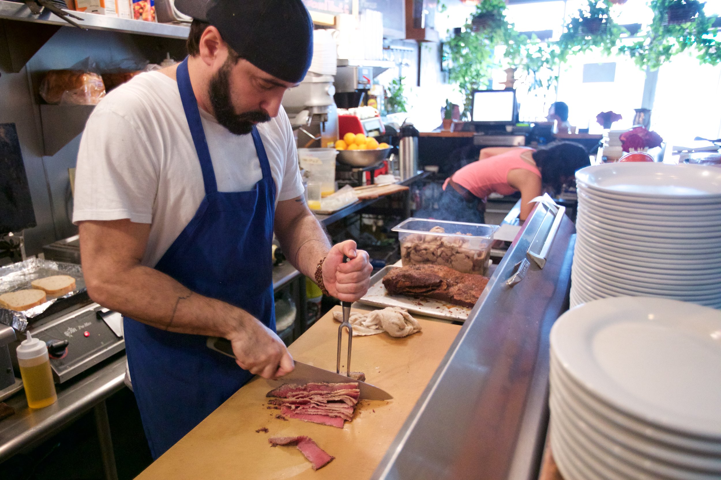 JOSH MARCUS HAND CARVING HIS HOMEMADE PASTRAMI