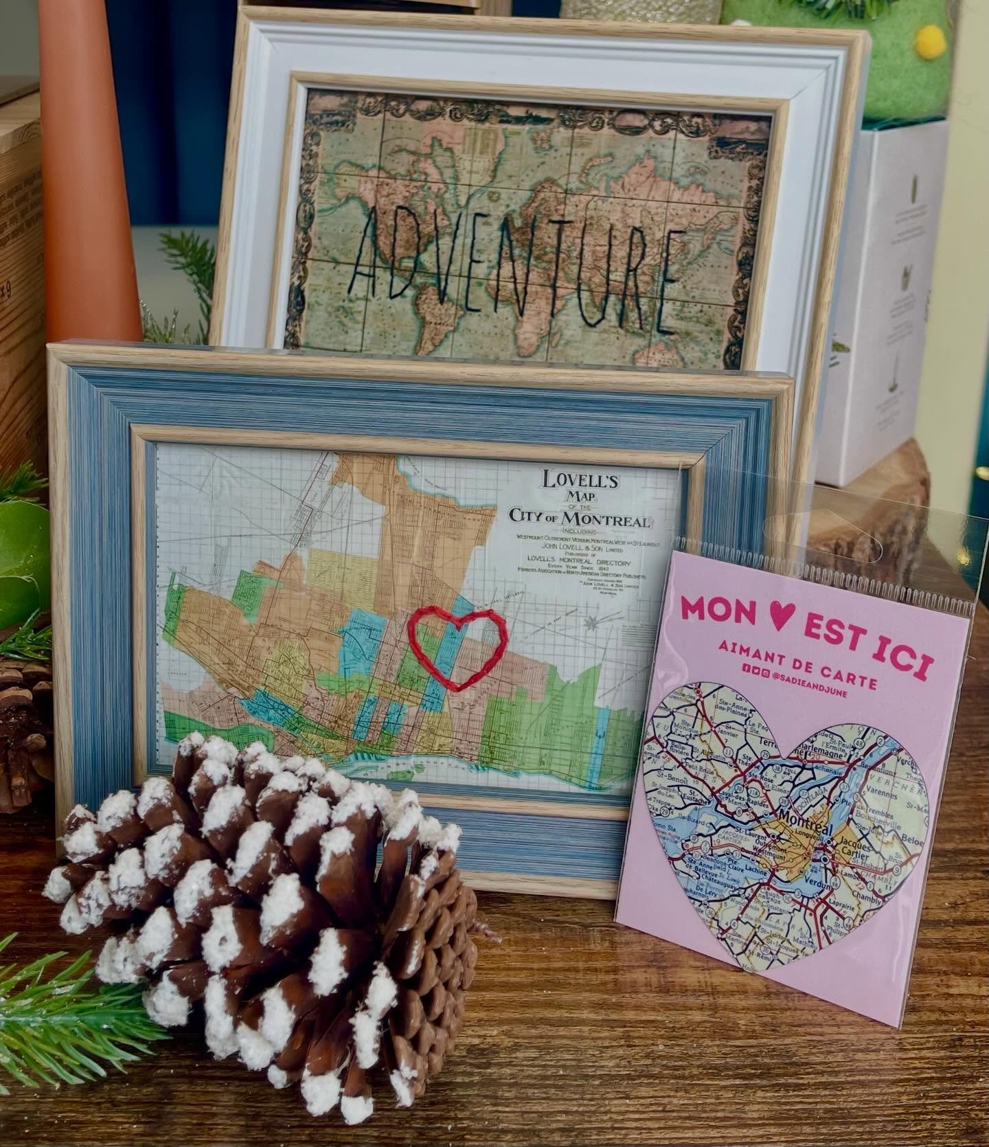 Sadie and June ❤️ Une carte vintage de Montr&eacute;al avec un c&oelig;ur brod&eacute; qui entour le quartier de Rosemont-LaPetite-Patrie❤️ Pour les amateurs de voyages, une carte vintage du monde 🧡 @sadieandjune