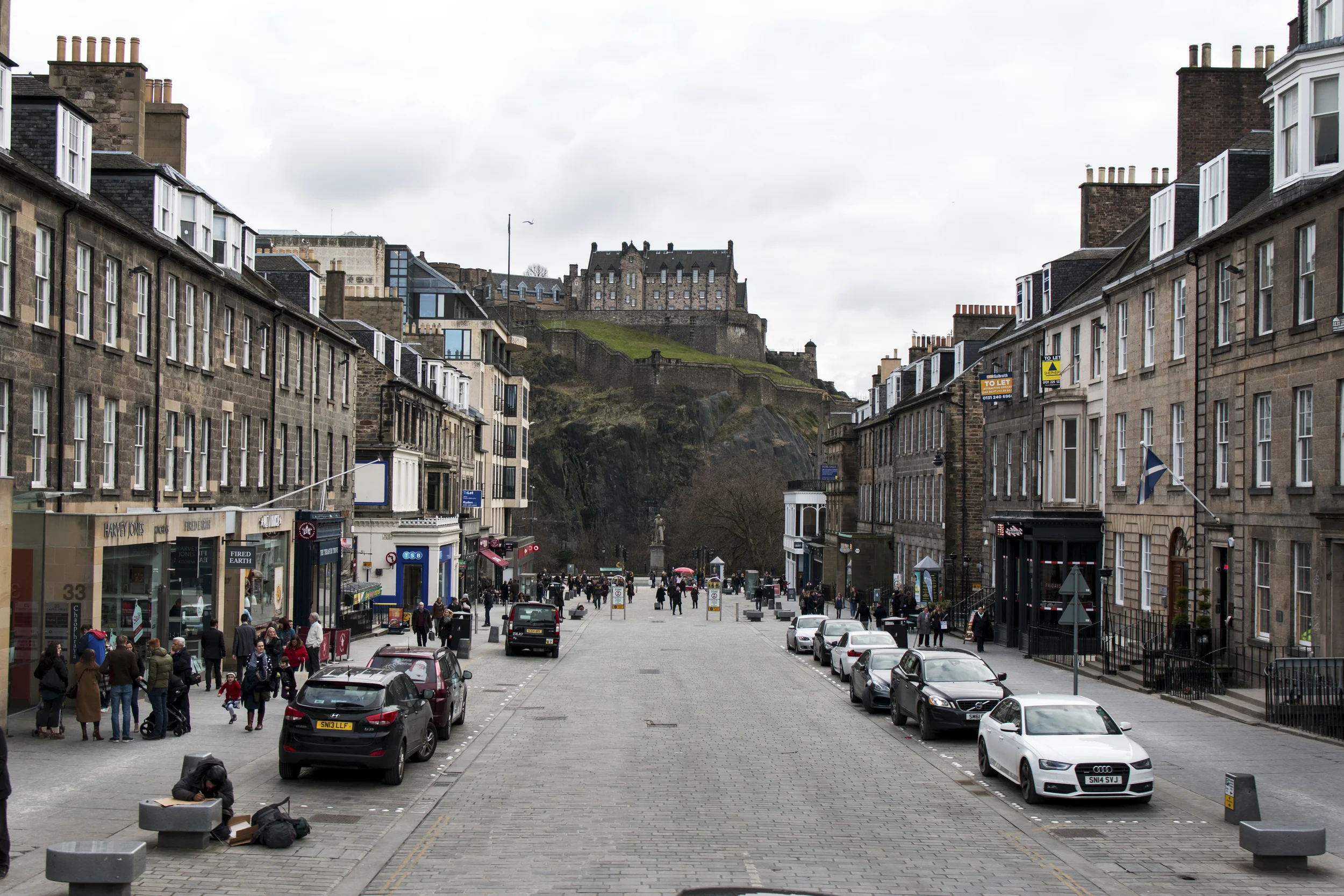 A shot taken from the top of the tour bus, looking out at the castle on the hill.
