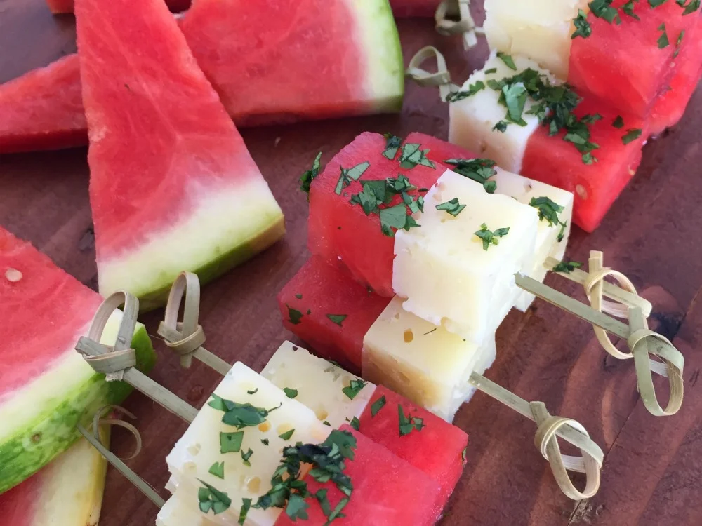 Sangria Infused Watermelon and Manchego Skewers Recipe via Marcia