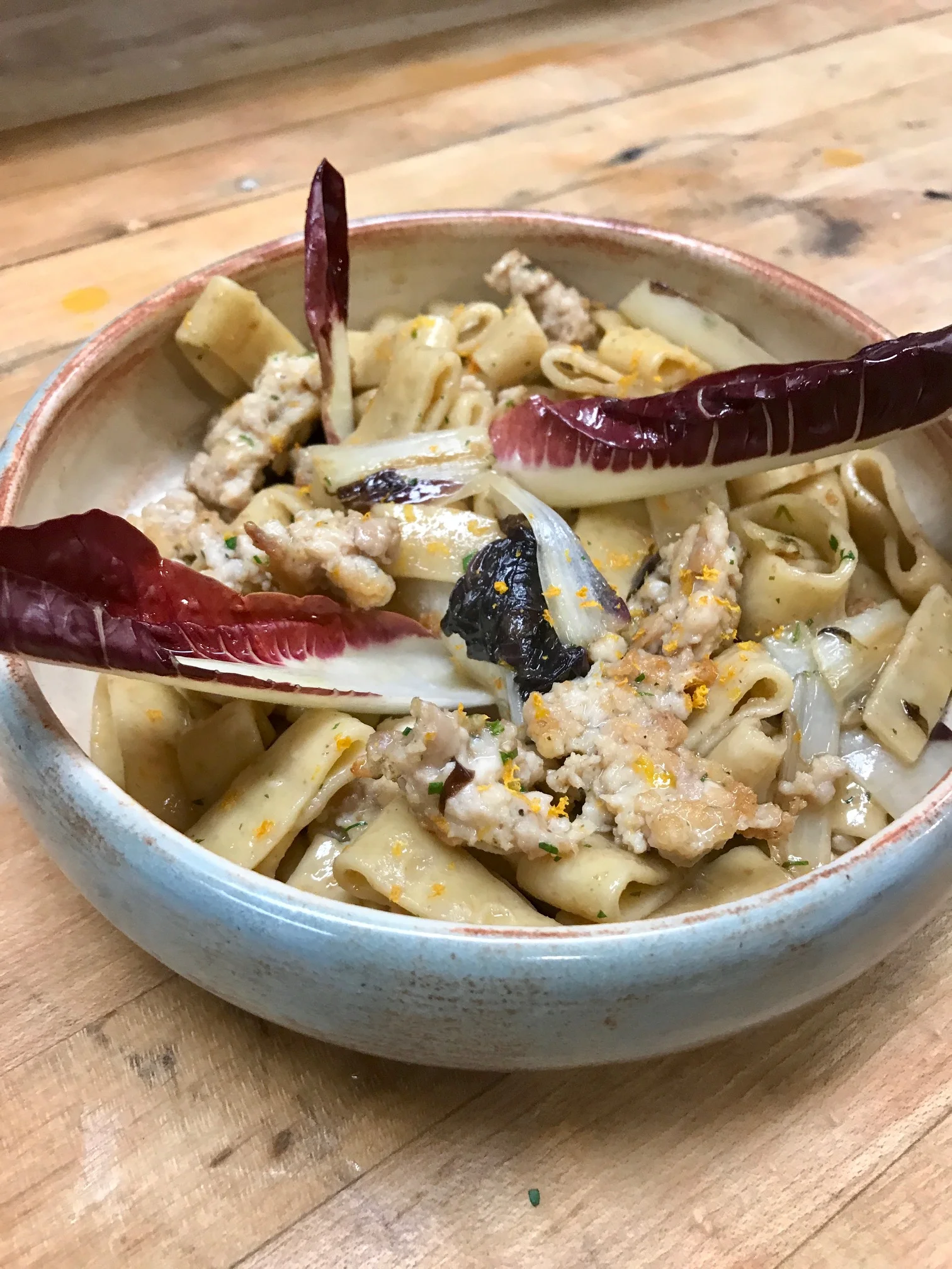 rye pasta with chicken sausage and radicchio.jpg