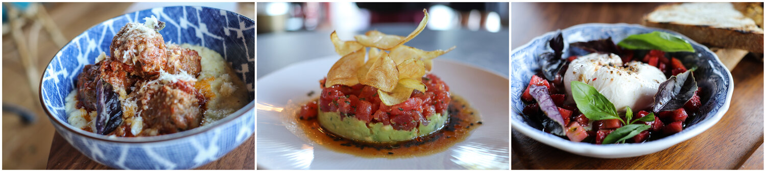 Left to right: meatballs, tuna tartare, burrata