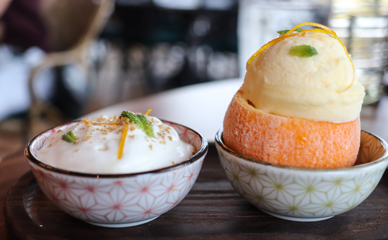 Lighter sweets include panna cotta and this…refreshing orange sorbet with candied orange peel, micro mint, and vanilla cream. Mix, match, have fun. It’s a creamsicle reimagined.