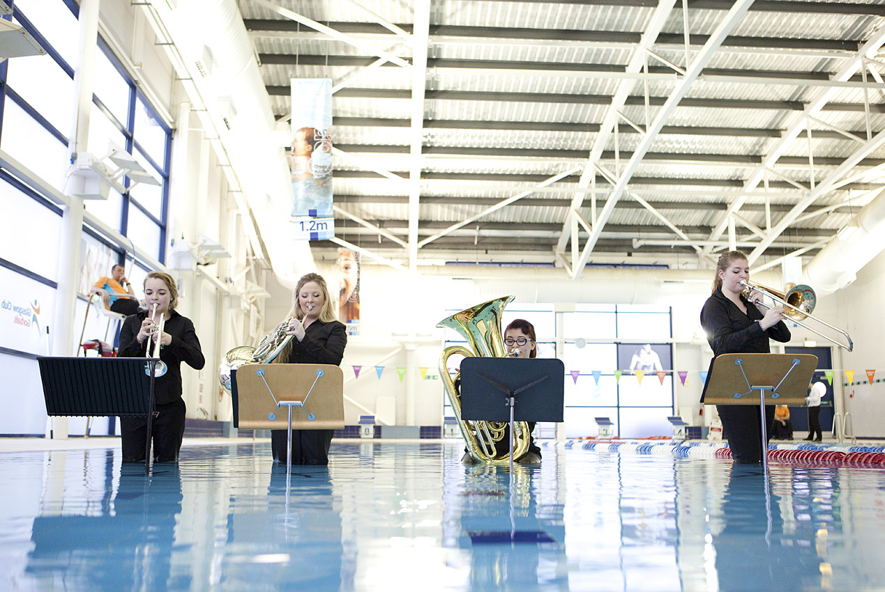 SWAN LAKE A concert of classical music submerged in the pool of The Gorbals Leisure Centre, Glasgow 2013. Project in collaboration with artist Sarah Short and four professional brass musicians.