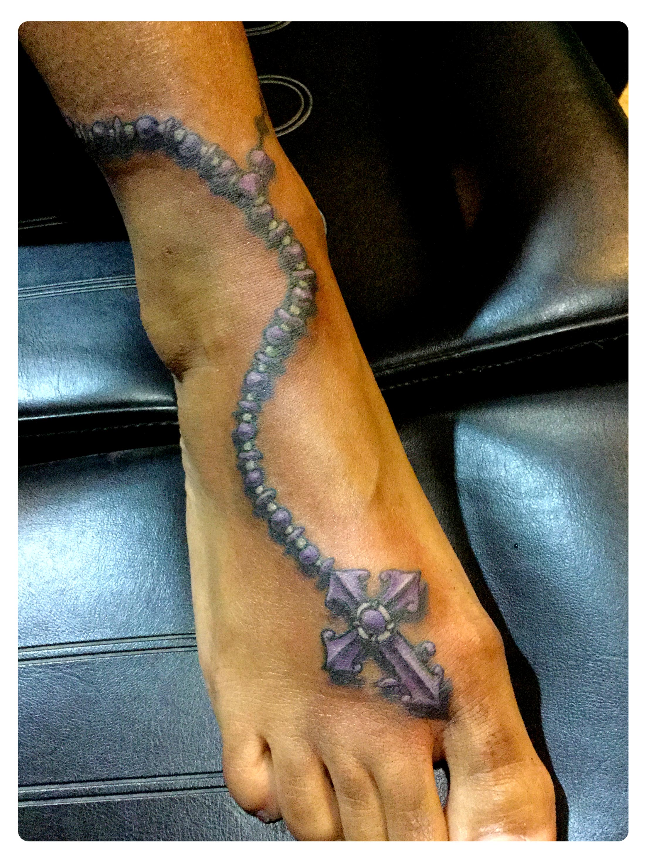 Rosary Beads Cross Illustrative Ankle Foot Tattoo Sacred Arts