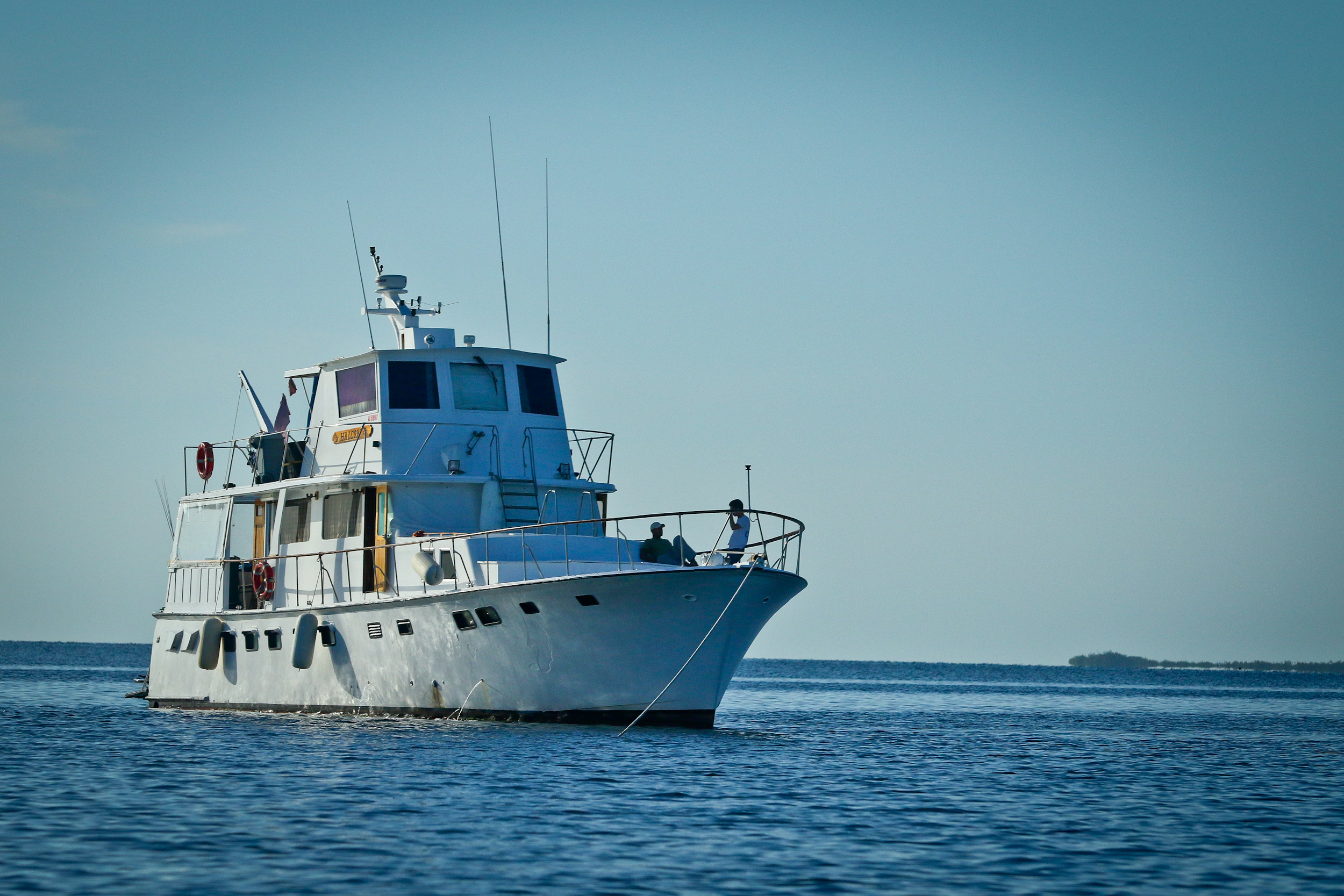 The yacht Halcon, at anchor in Jardines de la Reina.