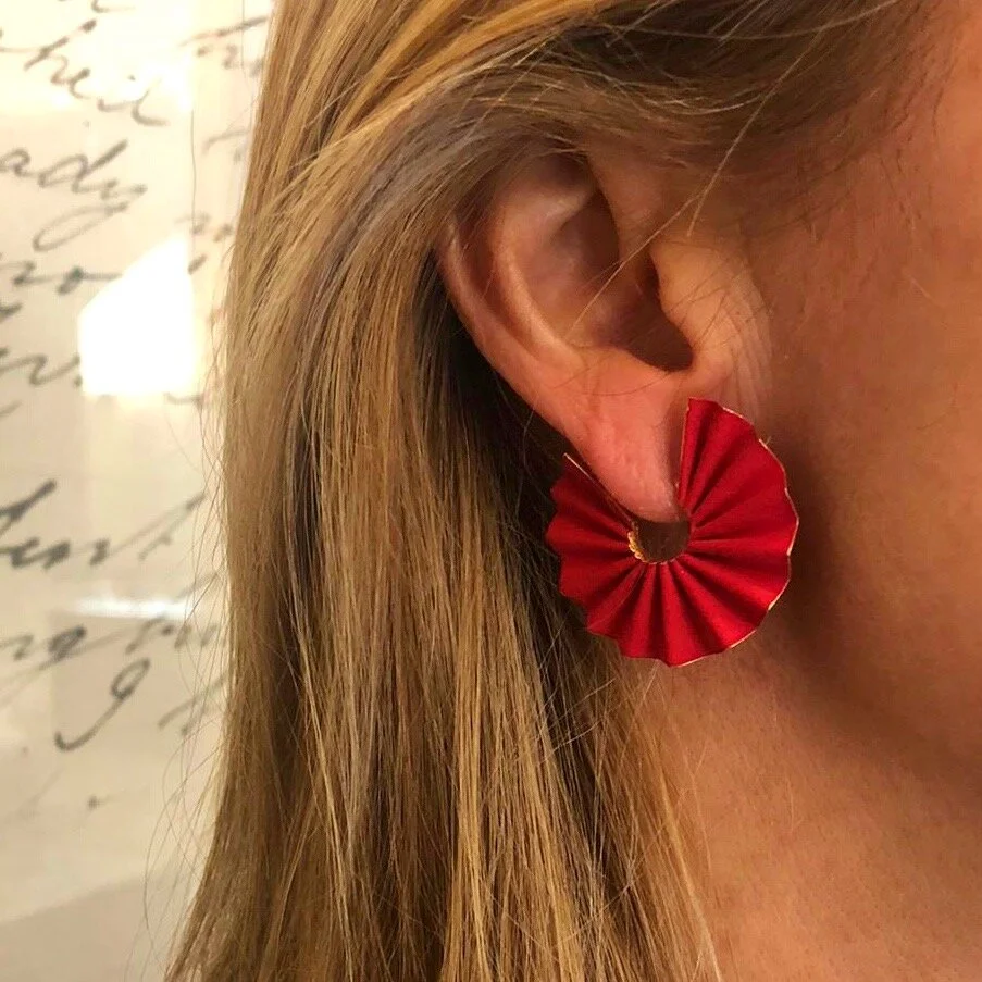 Lina Fanourakis Tango Earrings in Red. Silver hoops hand painted in bright colors in the shape of paper fans, trimmed with yellow gold and silver.