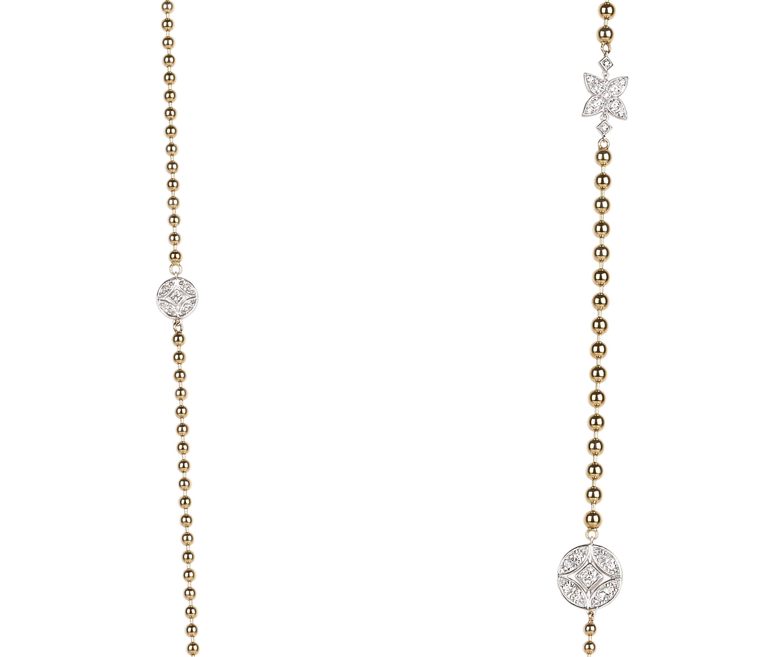Gold bead chain with diamond stations. 18K yellow gold rosary-inspired chain necklace with circular and butterfly shaped diamond stations