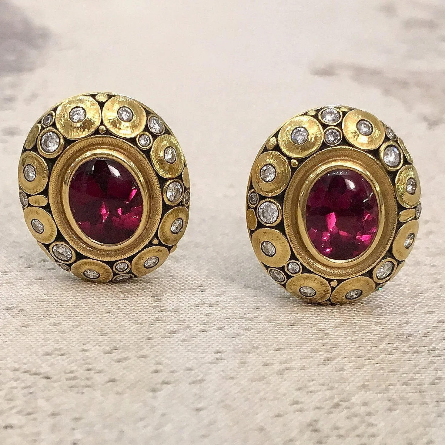 Pink Tourmaline and Gold Earrings with Diamonds