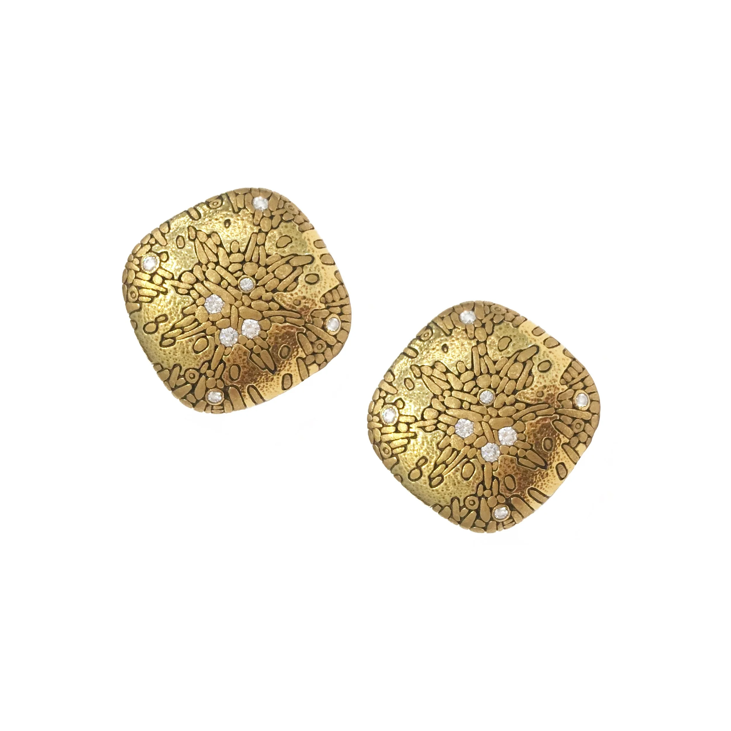 Alex Sepkus Cushion Earrings with Diamonds. Rounded squares feature an intricate medieval pattern.