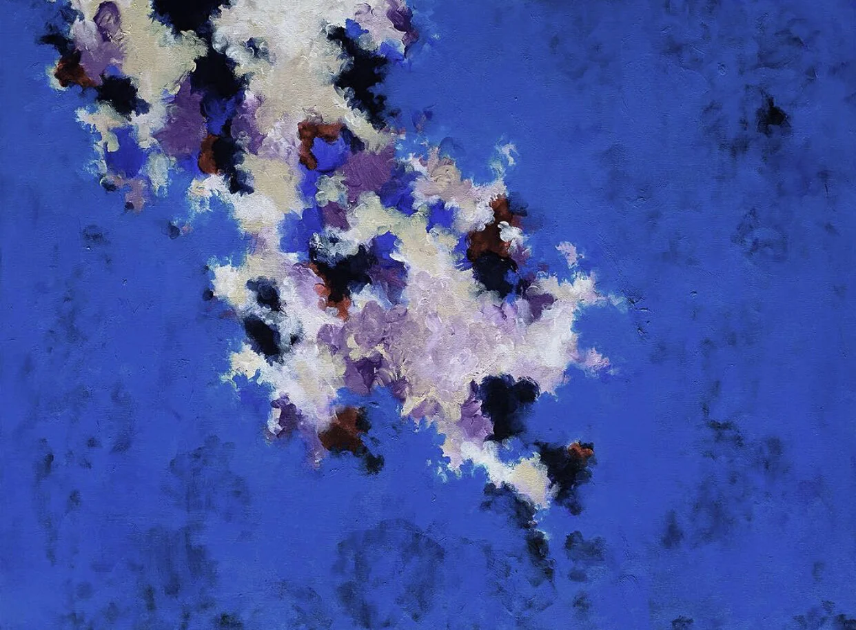 HAPPY BIRTHDAY ELVIS III 20” x 30” on board 2015-2018  The last available piece of a series of four paintings on cradled wooden panels. These began on Elvis’ birthday in 2015. Island splashes. Blue Hawaii.