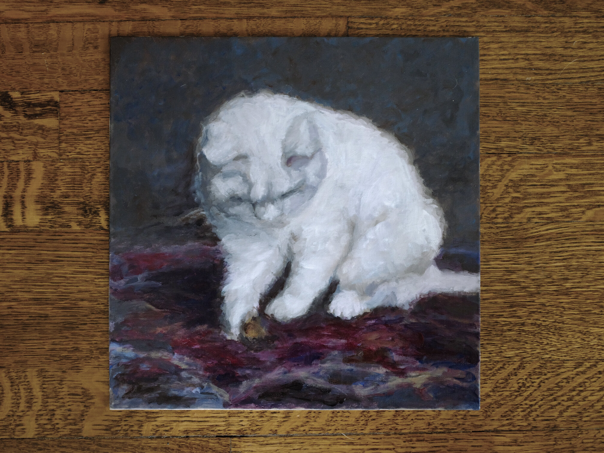 CAT ON A RUG 12” x 12” on Linen on Panel  Work in progress.