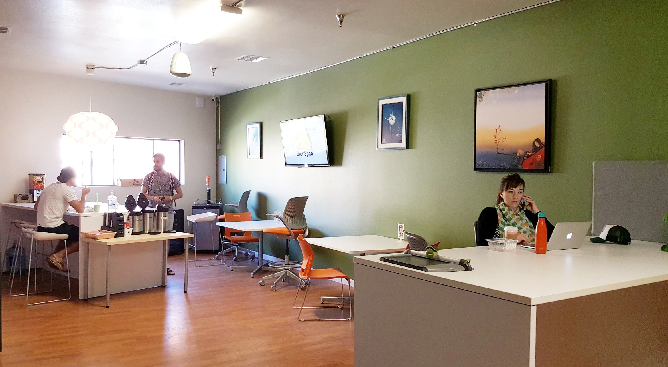 Pantry area has tables to eat, work or meet.