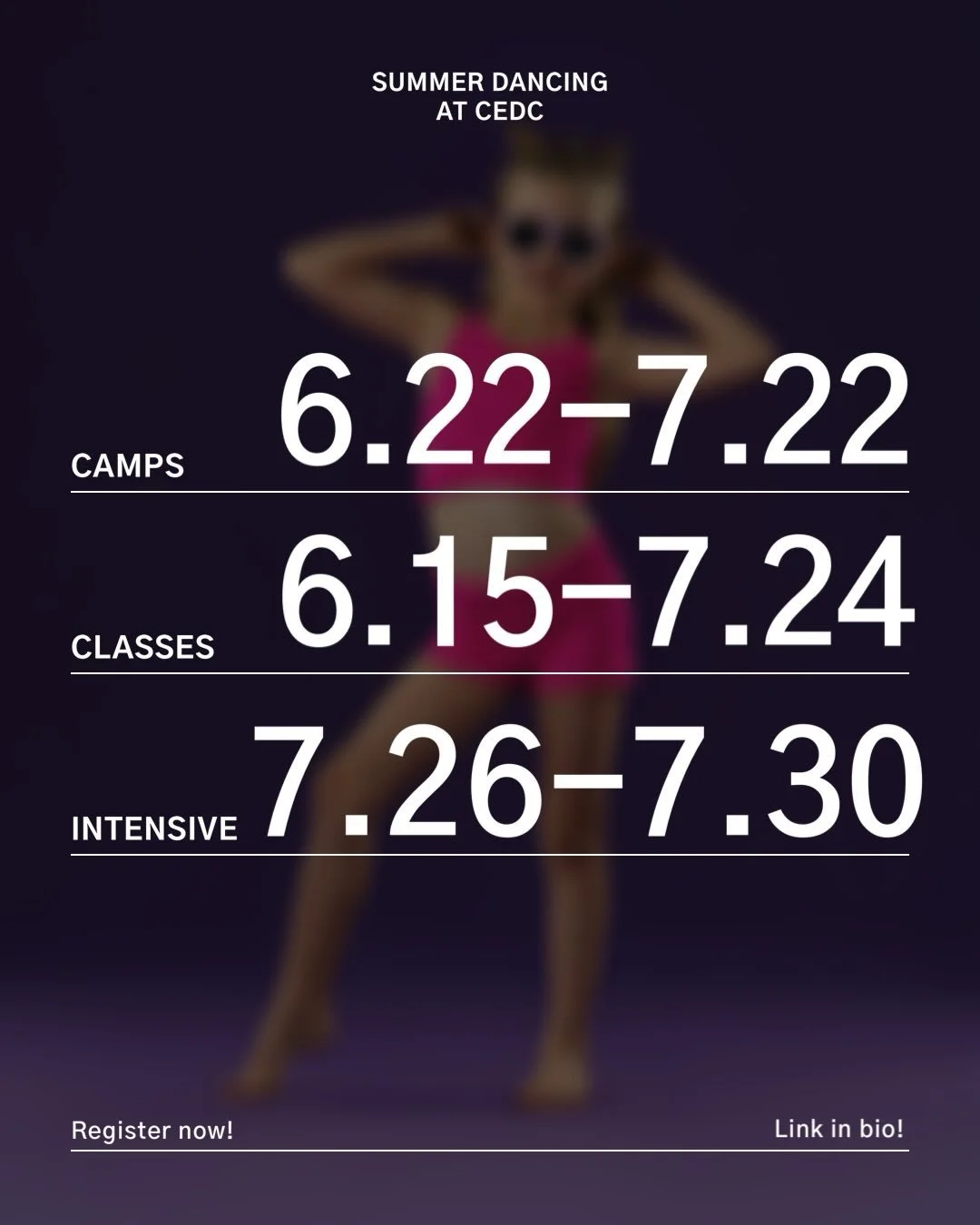 We are already so excited about our SUMMER lineup! Check it out! Link in bio to register + take advantage of summer discounts this week only!

#dancecedc #cedcsummer #summerdancing #dancestudio #mtpleasant