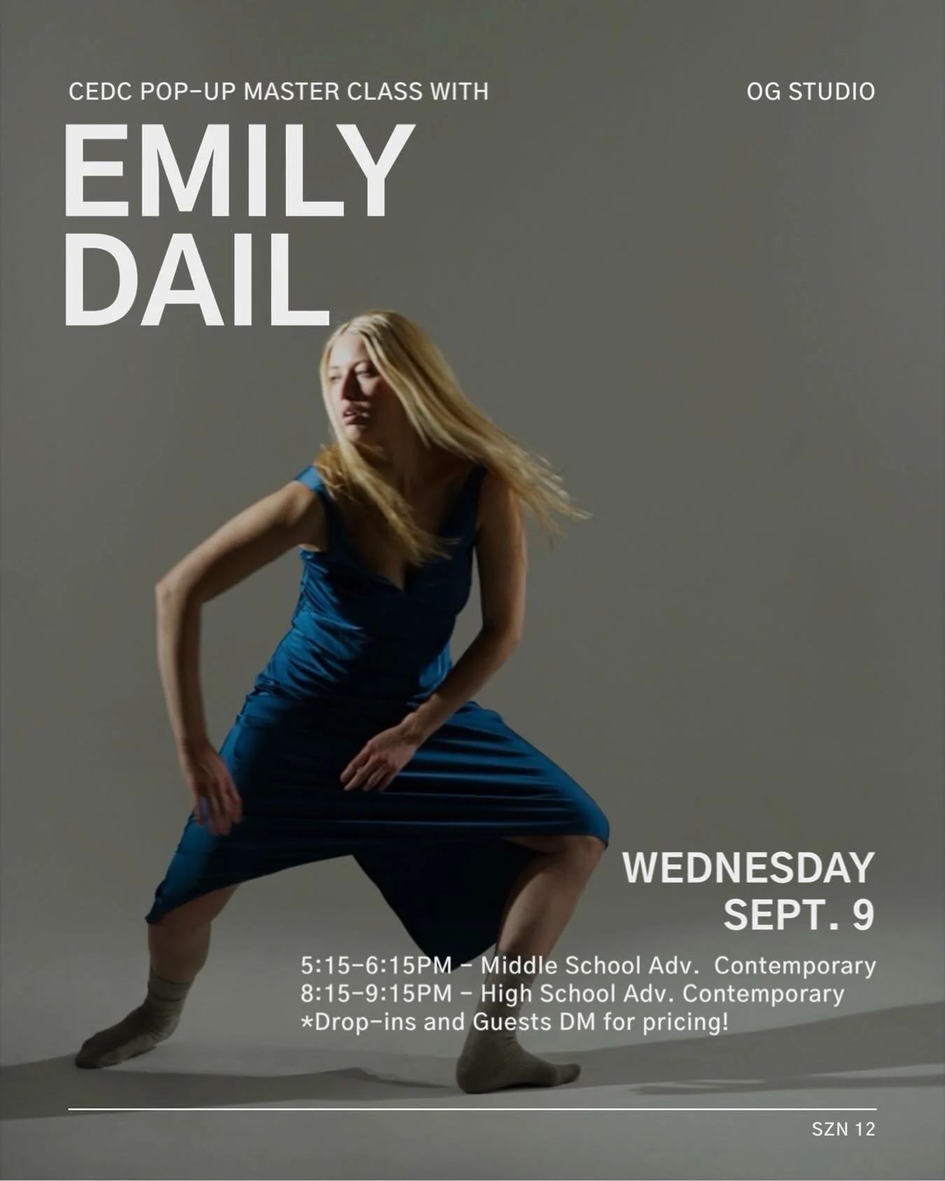 We are so excited to have alumni @emilycdail in the studio for pop-up master classes this week WEDNESDAY, SEPT. 9!

5:15-6:15PM - Middle School Adv.  Contemporary
8:15-9:15PM - High School Adv. Contemporary
*Drop-ins and Guests DM for pricing! 
Both 