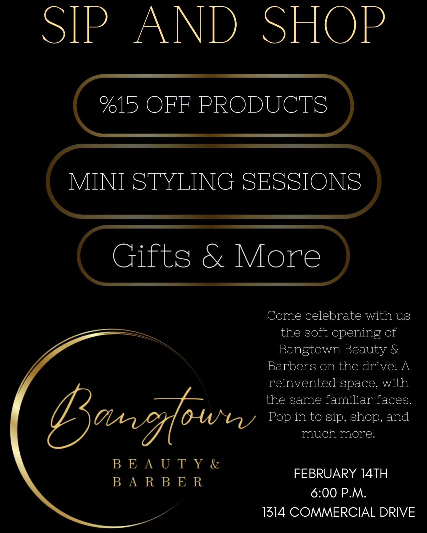 Please join us this Valentines day for our soft opening party! Come enjoy a couple drinks, shop discounted products, and receive a complimentary mini styling session or fringe trim. 🥂 

1314 Commercial Drive
6:00 P.M.