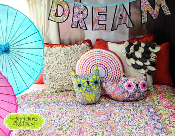 Owl pillows created by Josephine Kimberling and sewn from her 'Caravan Dreams' fabric collection with Blend Fabrics