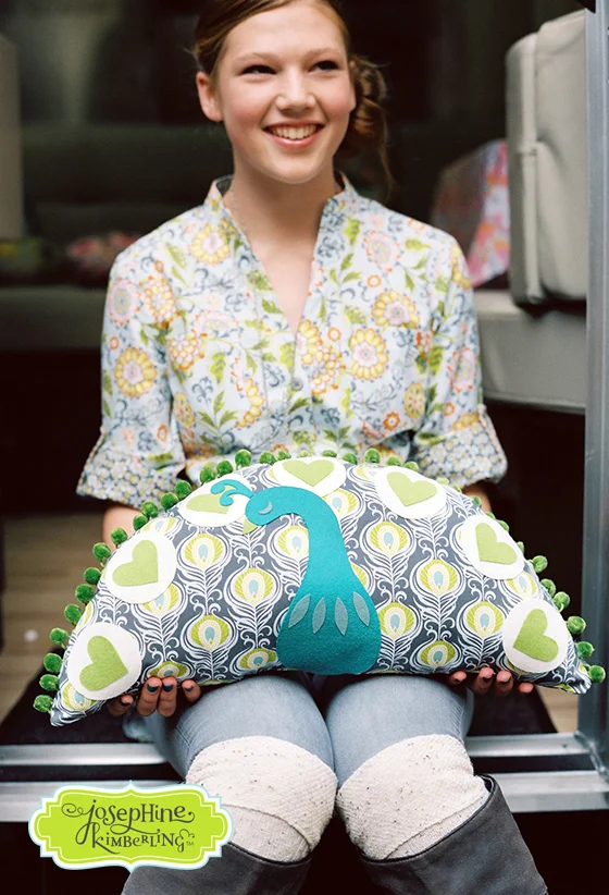 Peacock pillow created by Josephine Kimberling and sewn from her 'Caravan Dreams' fabric collection with Blend Fabrics