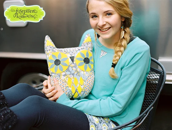 Owl pillow created by Josephine Kimberling and sewn from her 'Caravan Dreams' fabric collection with Blend Fabrics