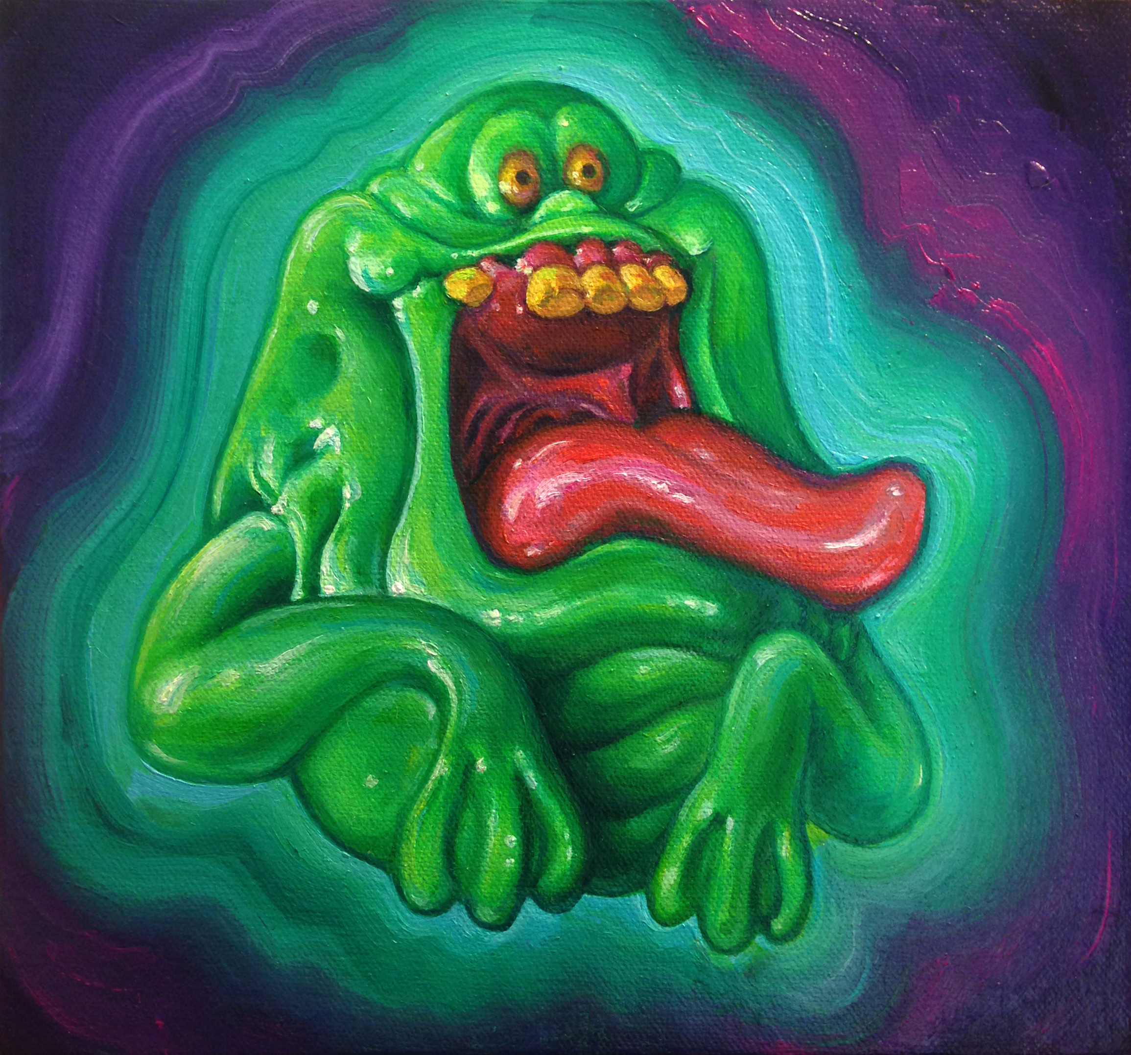 This is an original oil on canvas of the much beloved ghost Slimer from Ghostbusters. It's an oil painting of a Slimer toy from the 80s. The painting is oil on canvas mounted to panel, 7.5 x 8 inches, from 2016. It comes framed in a handmade custom black floater frame. Comes with Free Priority Mail Shipping and Tracking in the US! Thanks for looking!