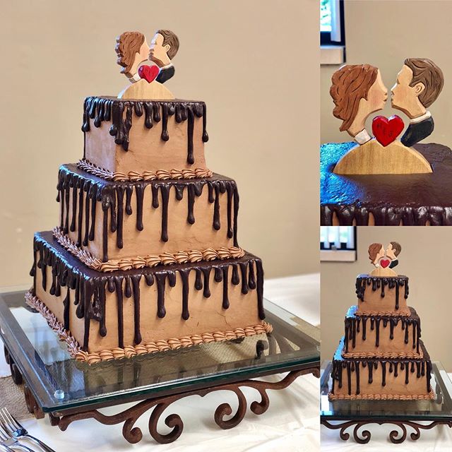 Yellow and chocolate cake with drizzled ganache for my nephew Jonathan and Hannah. Hand carved custom cake topper made by groom&rsquo;s Uncle- check out his amazing work on Etsy and Facebook at M.A. Dellinger Wood Carvings!