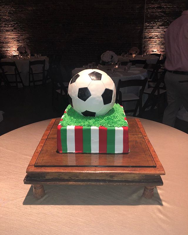 This sweet bride surprised her groom with a 3-D soccer ball cake. @bawarehousebham