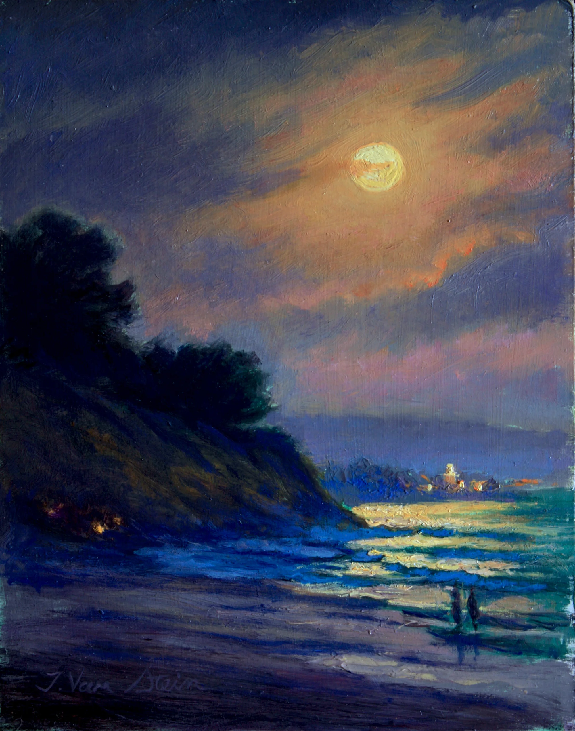 Super Moon Rise from East Beach, 14x11, oil on canvas, Jan. 2018